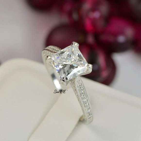 New His Hers Princess Cut Lab Diamond Wedding Engagement Ring Set - Picture 6 of 11